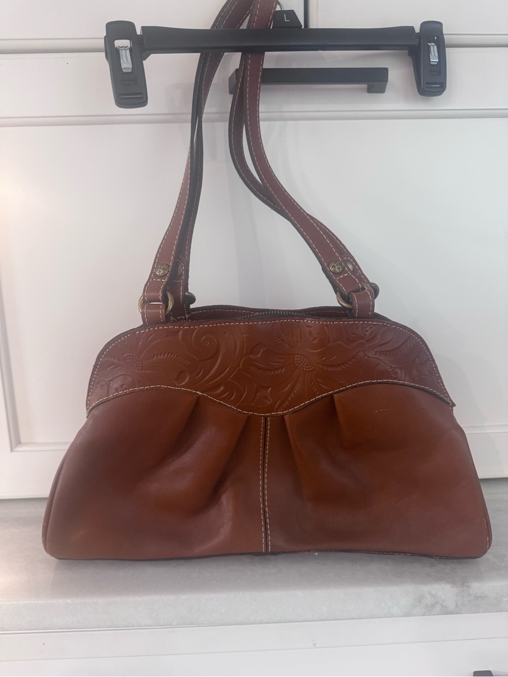 Patrica Nash Classic Leather Shoulder Bag with Embossed Top in Brown
